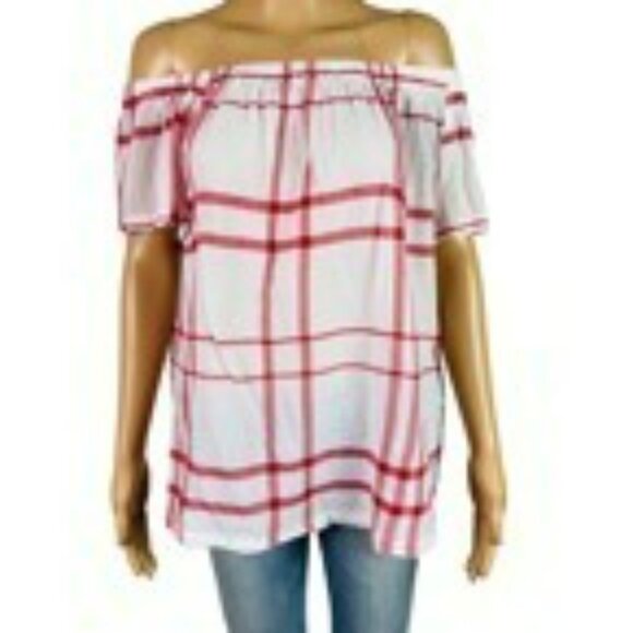 🟣🟣🟣 TURO BY VINCE CAMUTO Women's Off The Shoulder Plaid Blouse Size Small - Picture 2 of 7